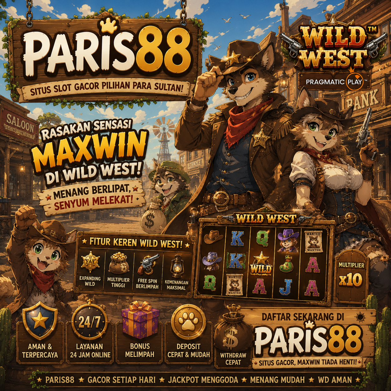 Wild West slot bertema koboi dengan simbol revolver dan sheriff di Paris88 slot gacor